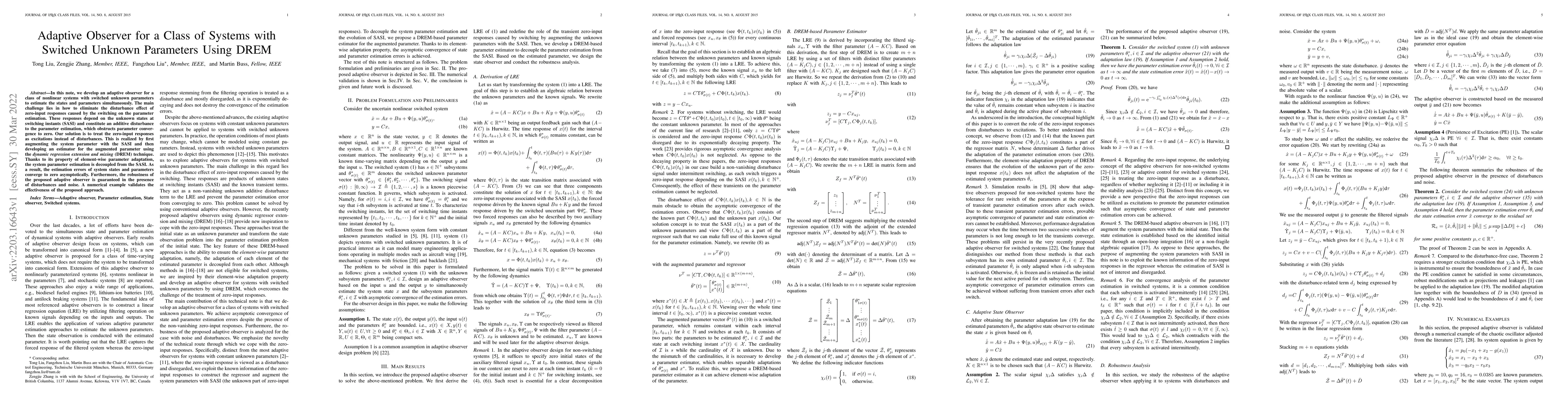 Thumbnail for Adaptive Observer for a Class of Systems with Switched Unknown
  Parameters Using DREM