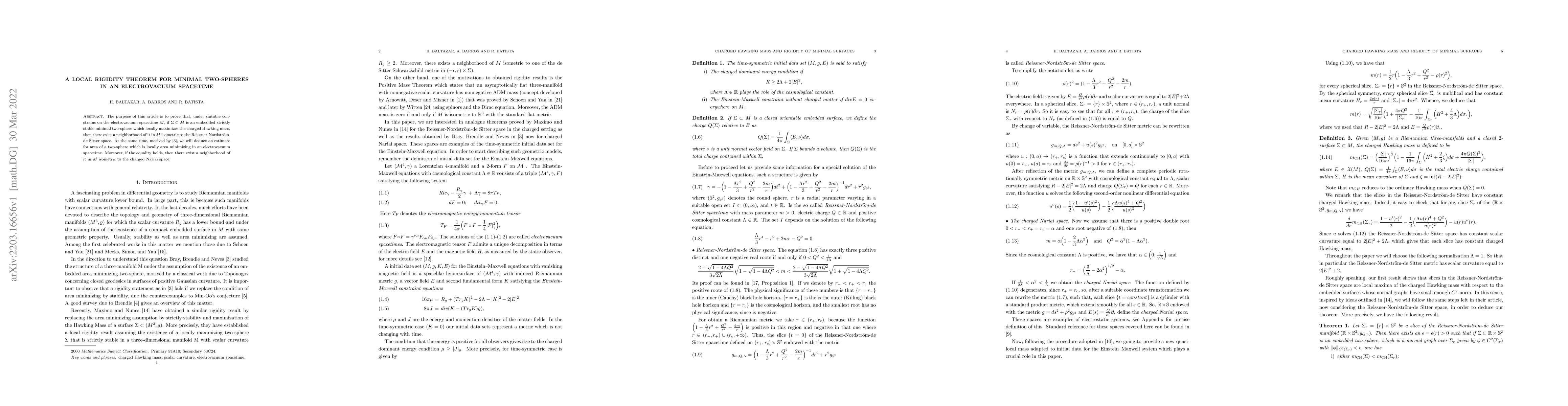 Thumbnail for A local rigidity theorem for minimal two-spheres in an electrovacuum
  spacetime