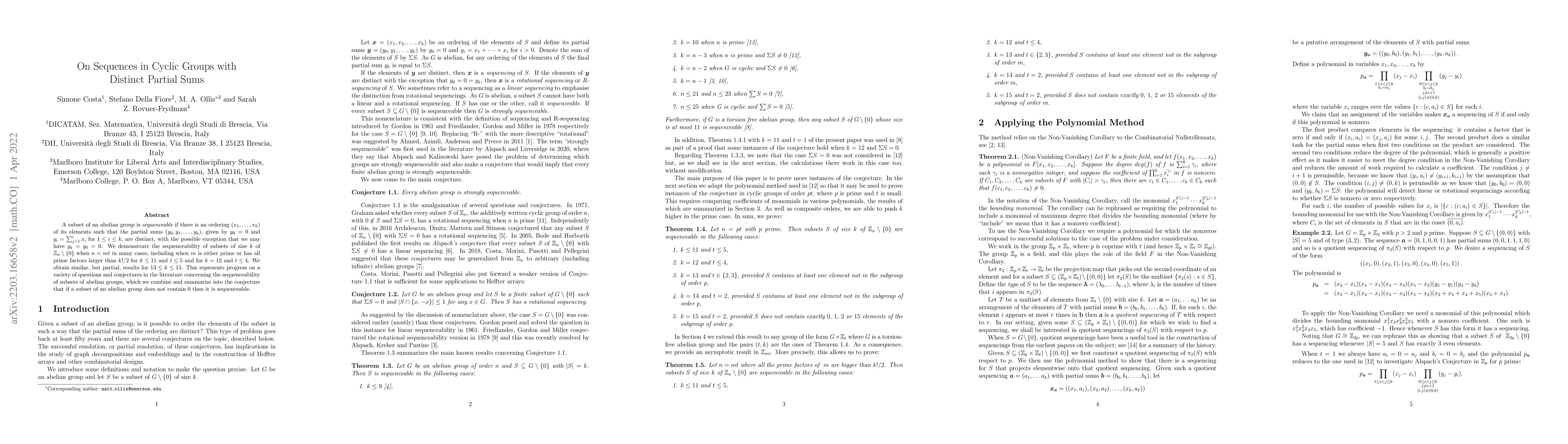 Thumbnail for On Sequences in Cyclic Groups with Distinct Partial Sums
