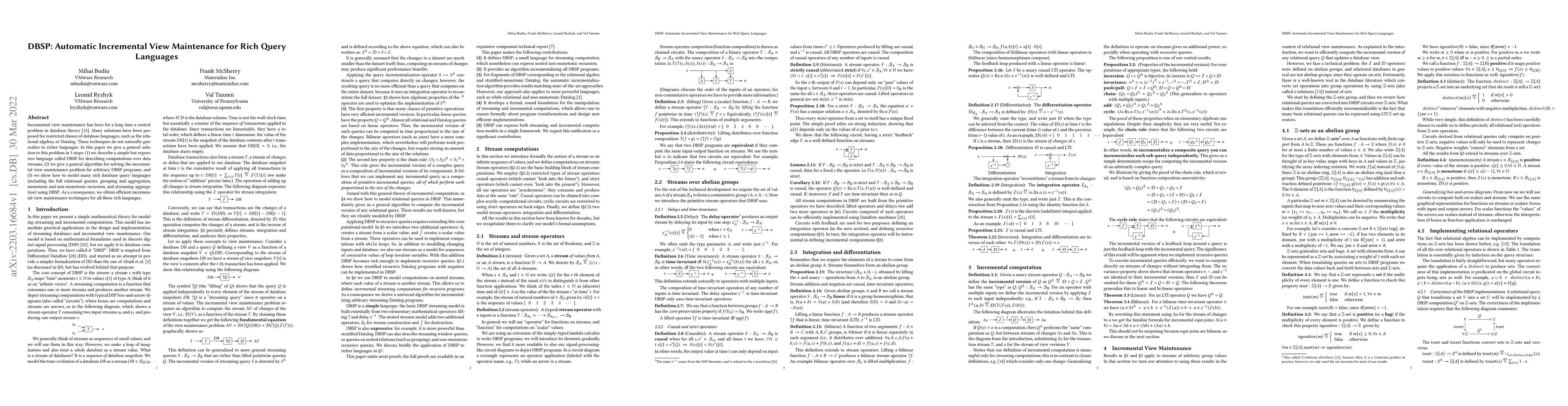 Thumbnail for DBSP: Automatic Incremental View Maintenance for Rich Query Languages