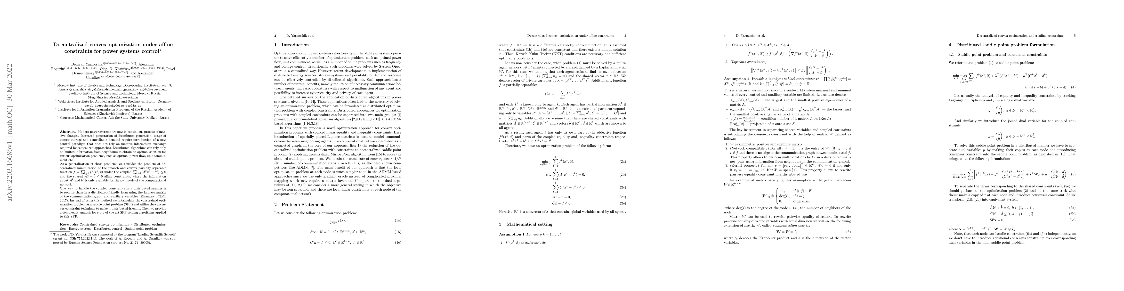 Thumbnail for Decentralized convex optimization under affine constraints for power
  systems control