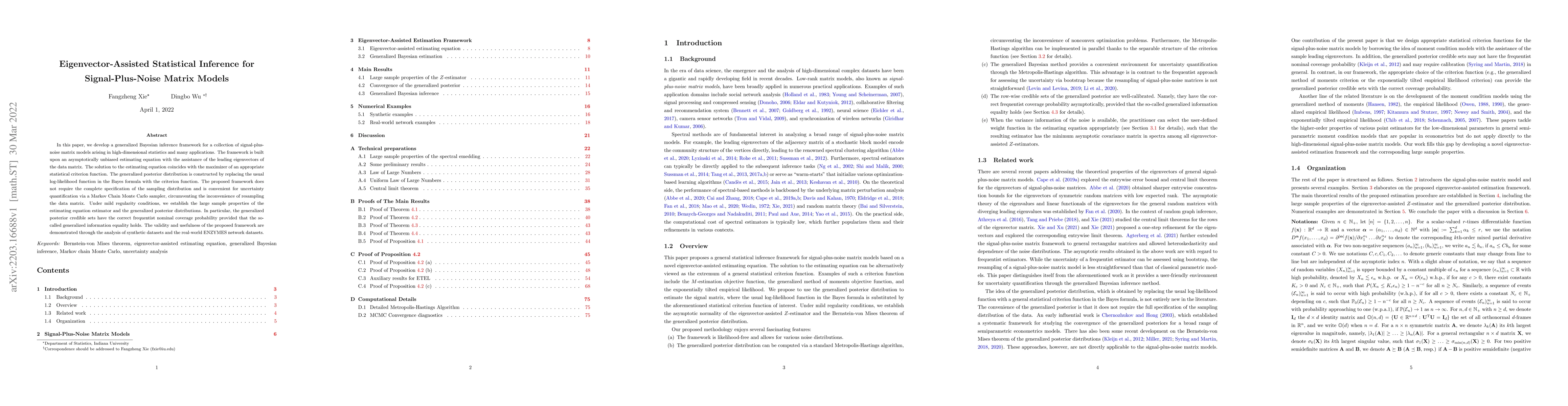 Thumbnail for Eigenvector-Assisted Statistical Inference for Signal-Plus-Noise Matrix
  Models