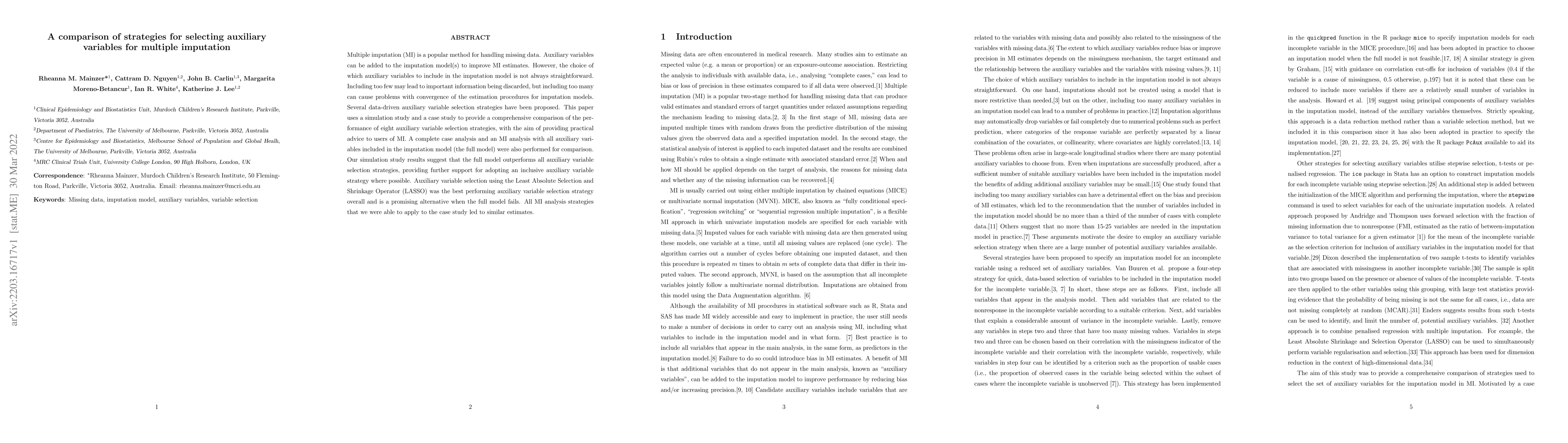 Thumbnail for A comparison of strategies for selecting auxiliary variables for
  multiple imputation