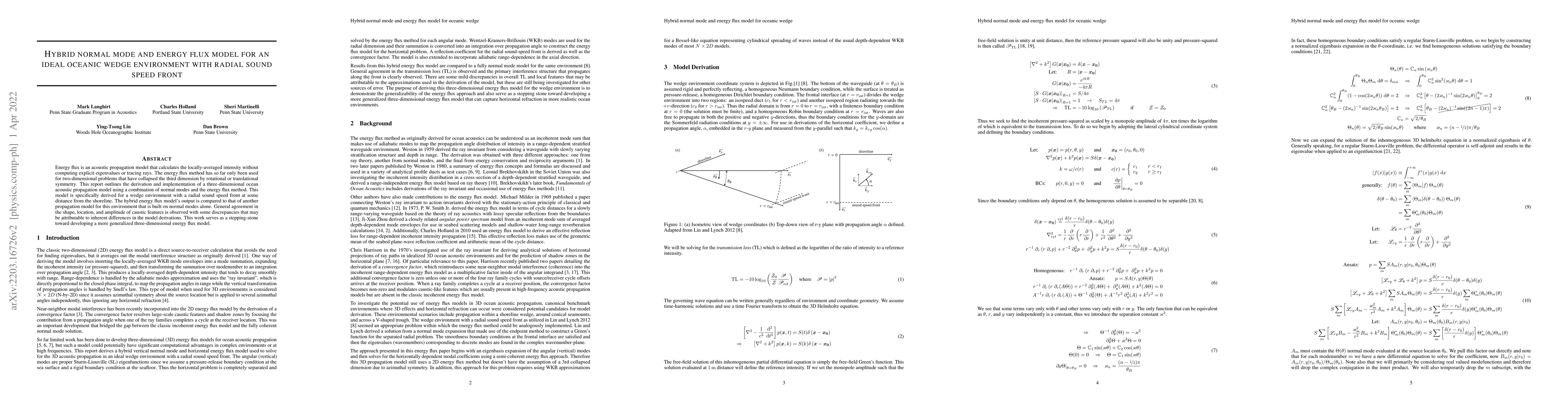 Thumbnail for Hybrid normal mode and energy flux model for an ideal oceanic wedge
  environment with radial sound speed front