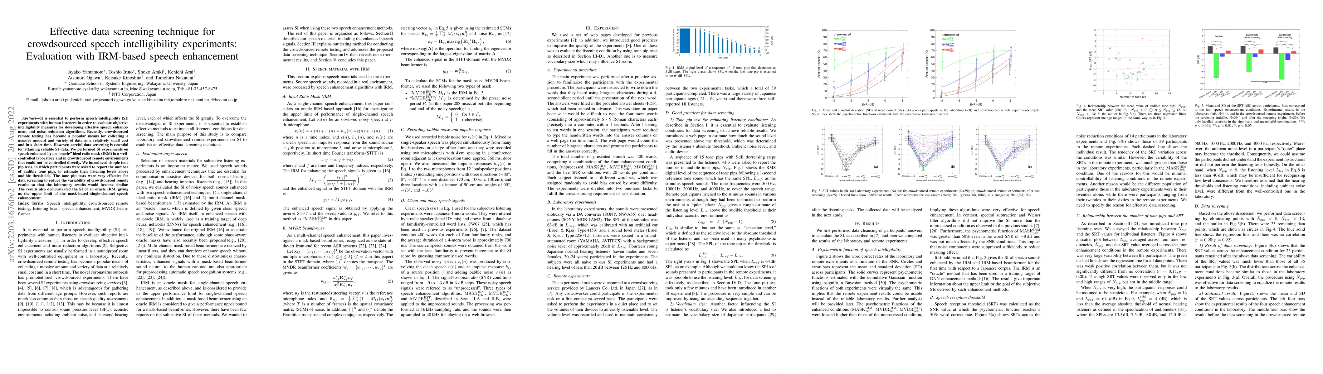 Thumbnail for Effective data screening technique for crowdsourced speech
  intelligibility experiments: Evaluation with IRM-based speech enhancement