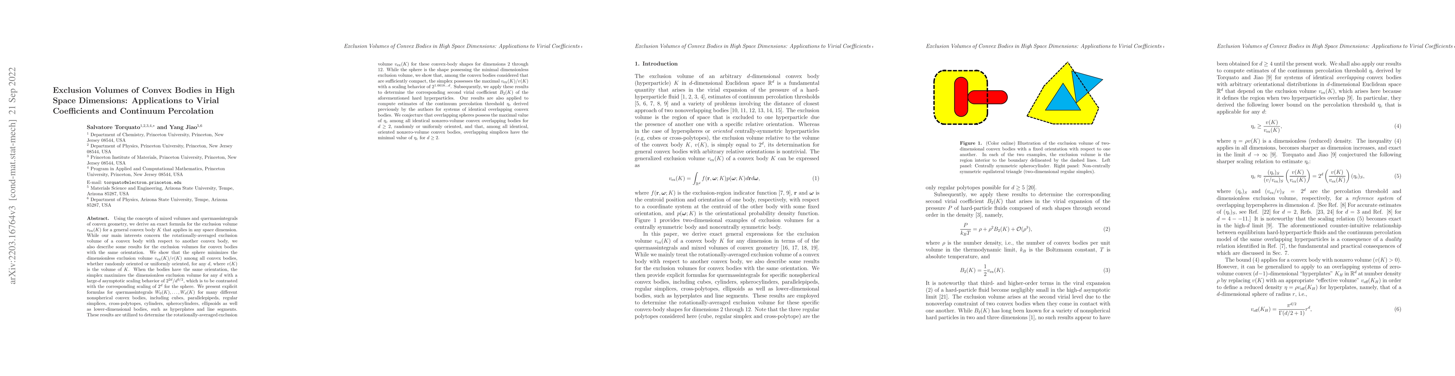 Thumbnail for Exclusion Volumes of Convex Bodies in High Space Dimensions:
  Applications to Virial Coefficients and Continuum Percolation