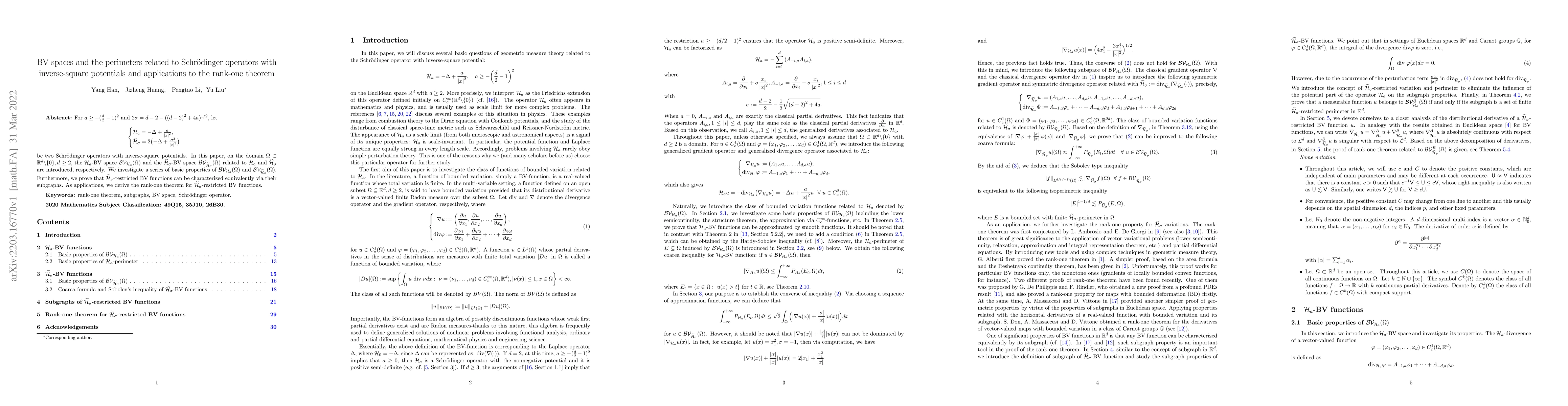 Thumbnail for BV spaces and the perimeters related to Schrodinger operators with
  inverse-square potentials and applications to the rank-one theorem
