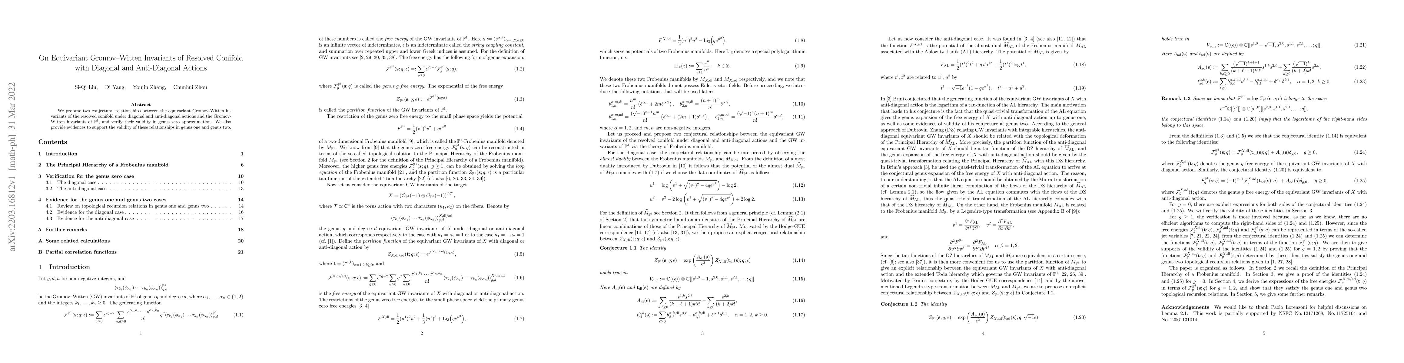 Thumbnail for On Equivariant Gromov--Witten Invariants of Resolved Conifold with
  Diagonal and Anti-Diagonal Actions