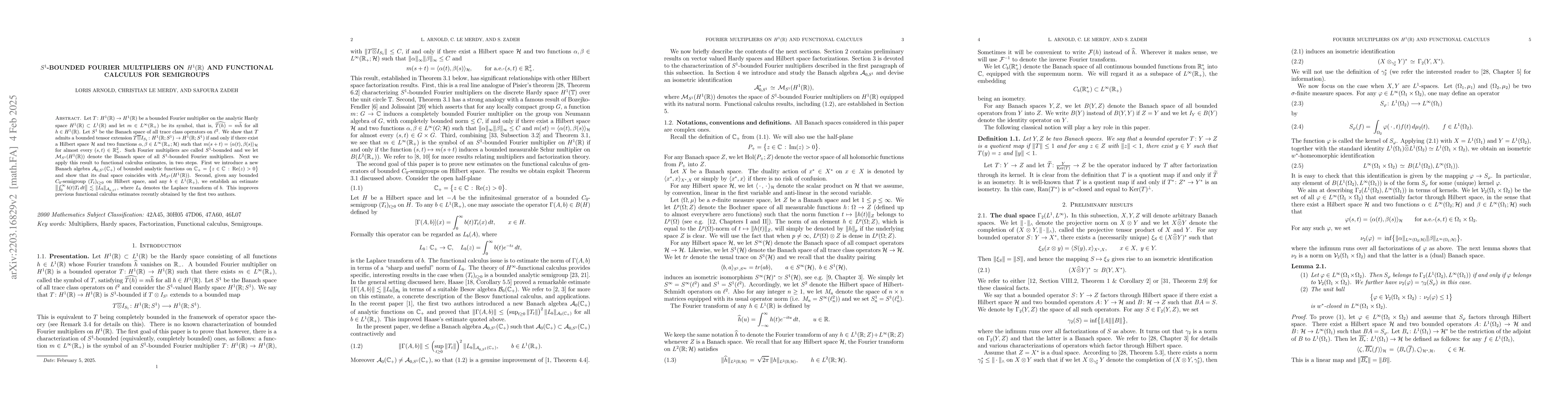 Thumbnail for $S^1$-bounded Fourier multipliers on $H^1({\mathbb R})$ and functional
  calculus for semigroups