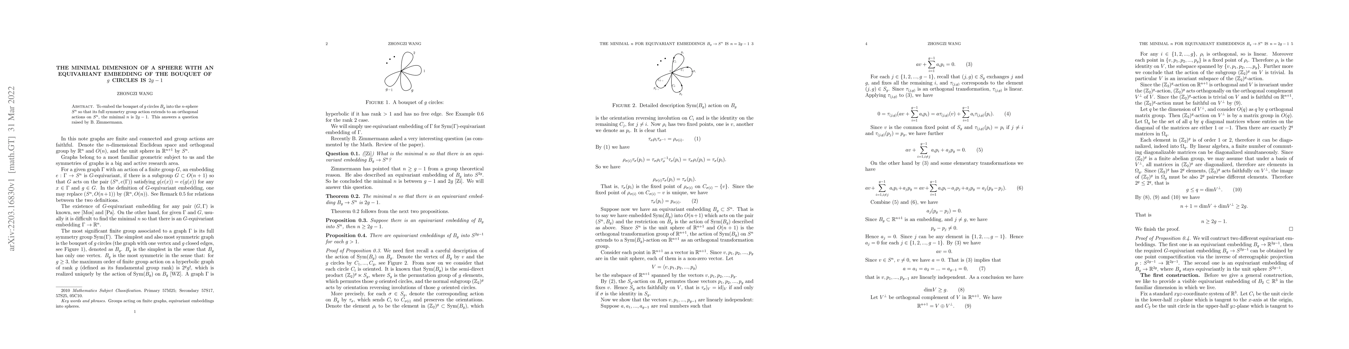 Thumbnail for The minimal dimension of a sphere with an equivariant embedding of the
  bouquet of $g$ circles is $2g-1$