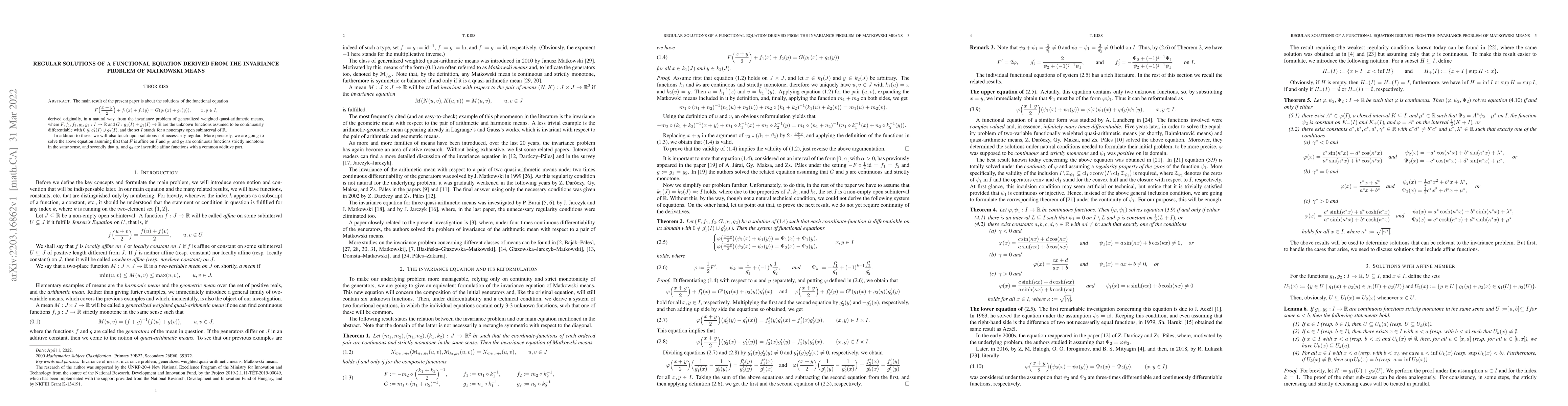 Thumbnail for Regular solutions of a functional equation derived from the invariance
  problem of Matkowski means