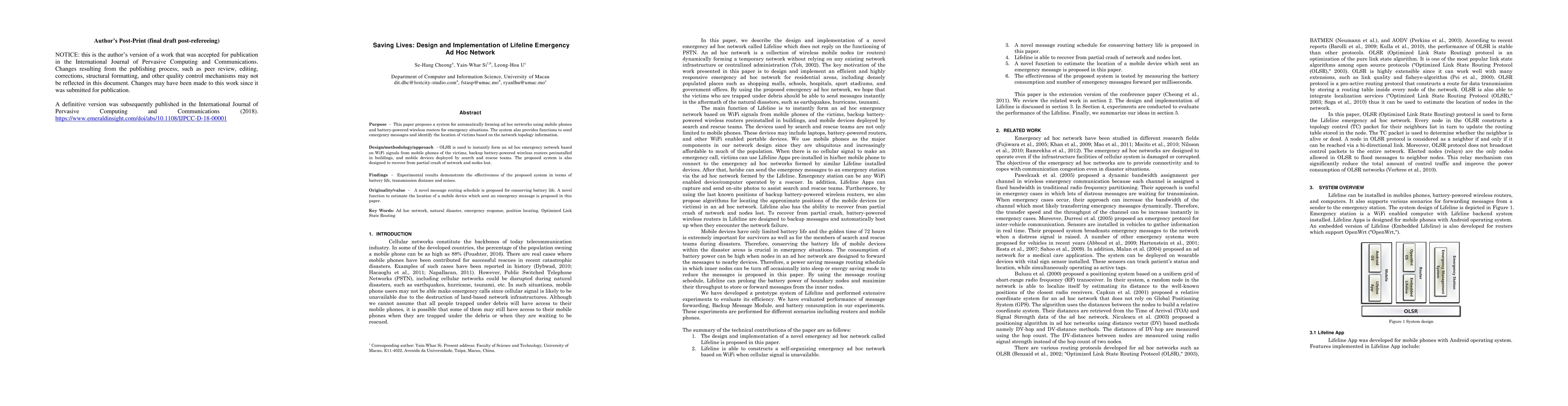 Thumbnail for Saving lives: design and implementation of lifeline emergency ad hoc
  network