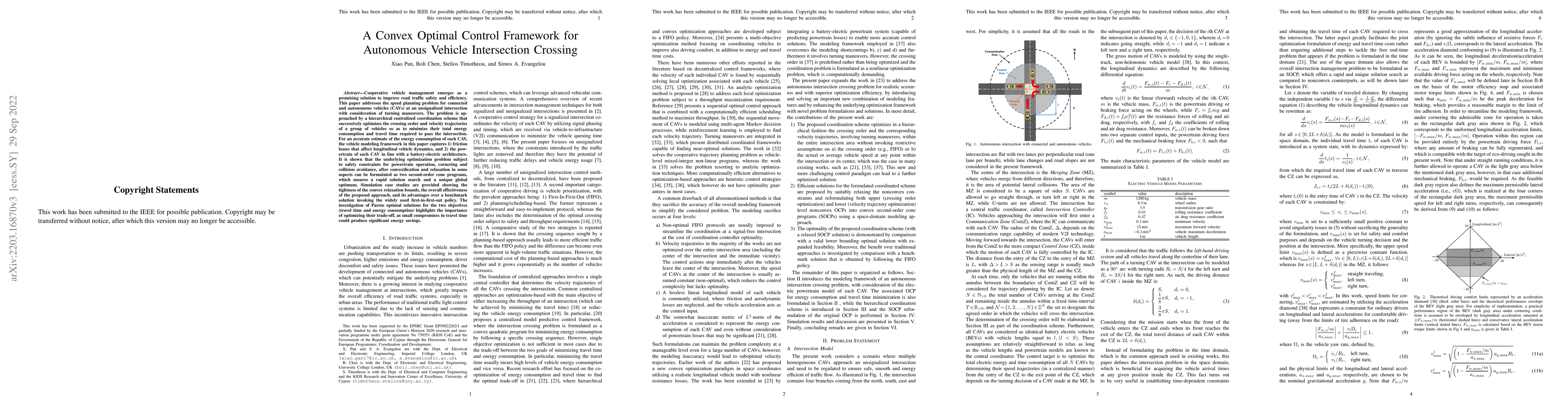 Thumbnail for A Convex Optimal Control Framework for Autonomous Vehicle Intersection
  Crossing