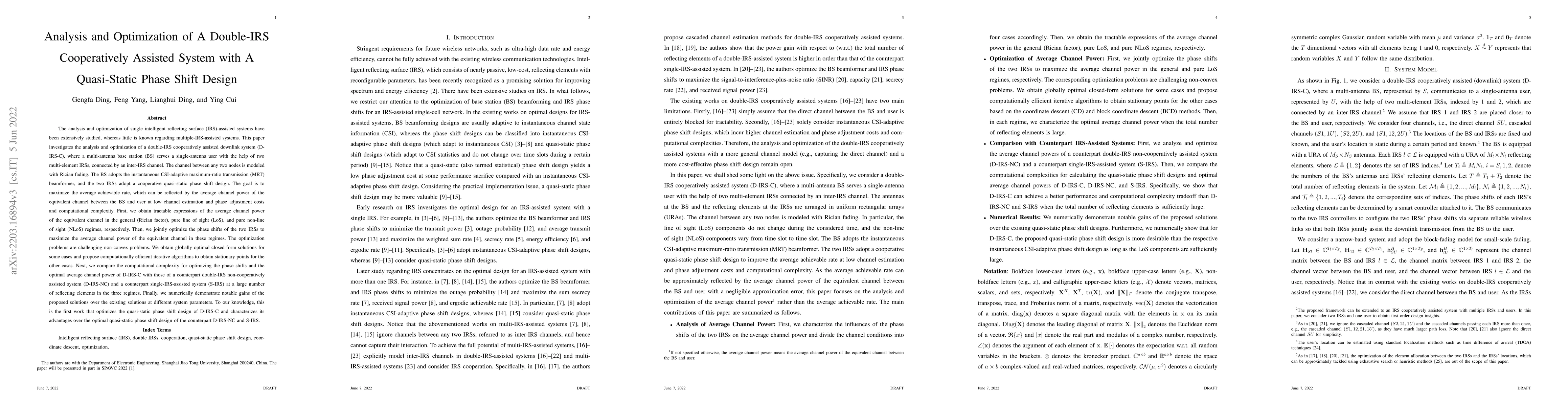 Thumbnail for Analysis and Optimization of A Double-IRS Cooperatively Assisted System
  with A Quasi-Static Phase Shift Design