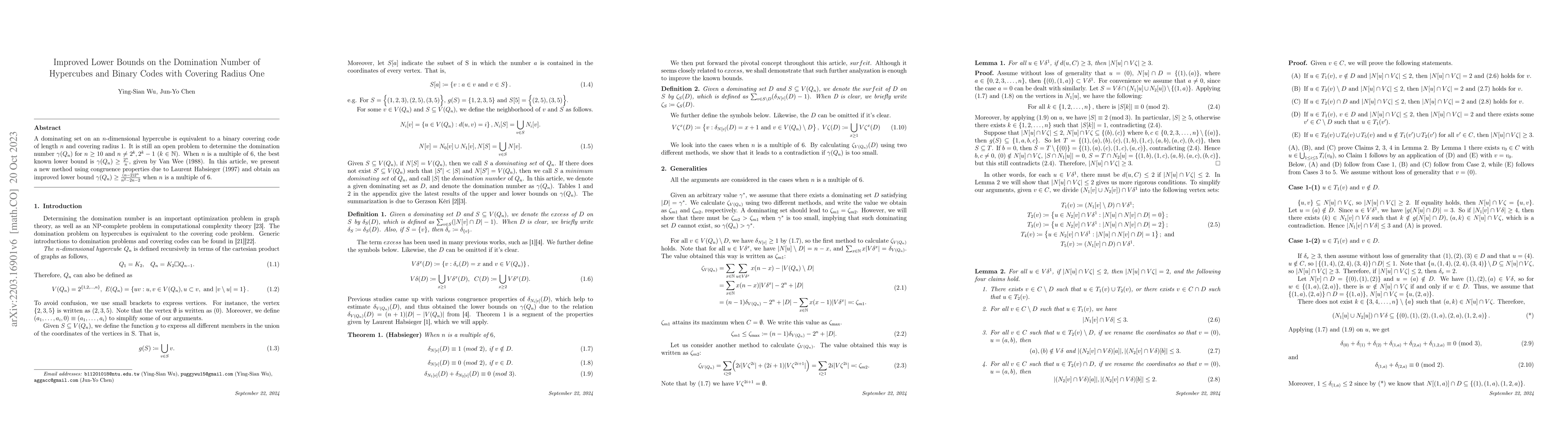 Thumbnail for Improved Lower Bounds on the Domination Number of Hypercubes and Binary
  Codes with Covering Radius One