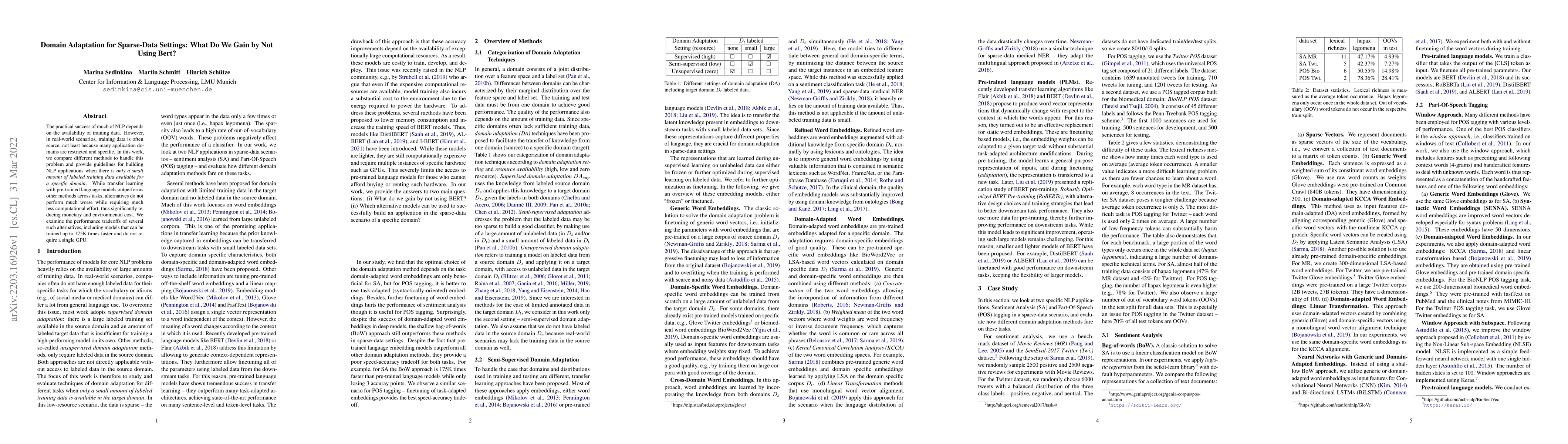 Thumbnail for Domain Adaptation for Sparse-Data Settings: What Do We Gain by Not Using
  Bert?