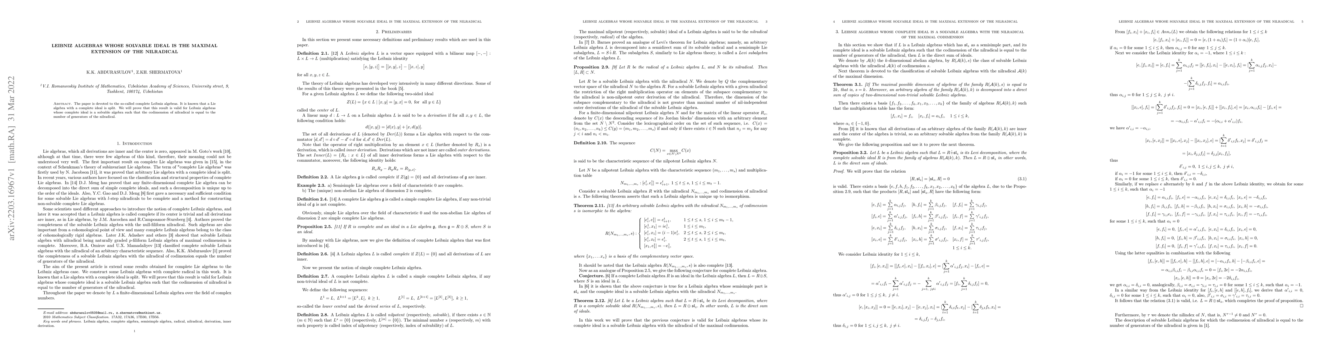 Thumbnail for Leibniz algebras whose solvable ideal is the maximal extension of the
  nilradical