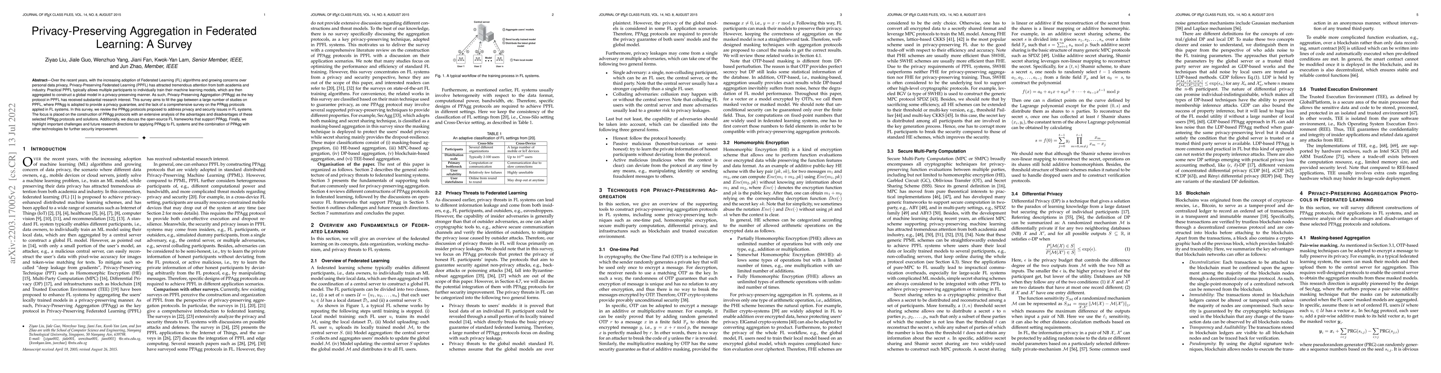 Thumbnail for Privacy-Preserving Aggregation in Federated Learning: A Survey