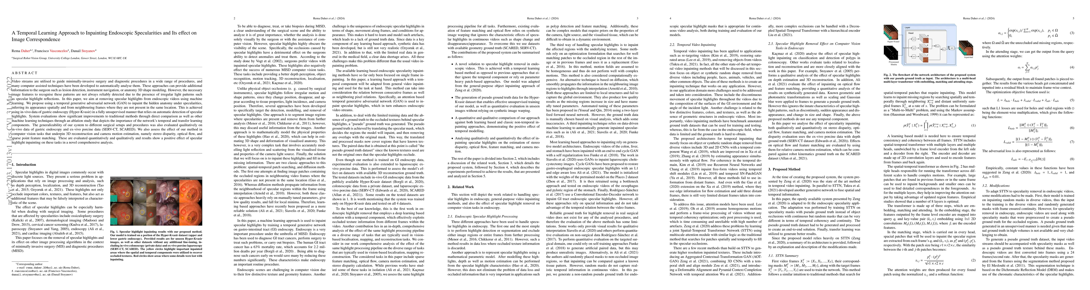 Thumbnail for A Temporal Learning Approach to Inpainting Endoscopic Specularities and
  Its effect on Image Correspondence