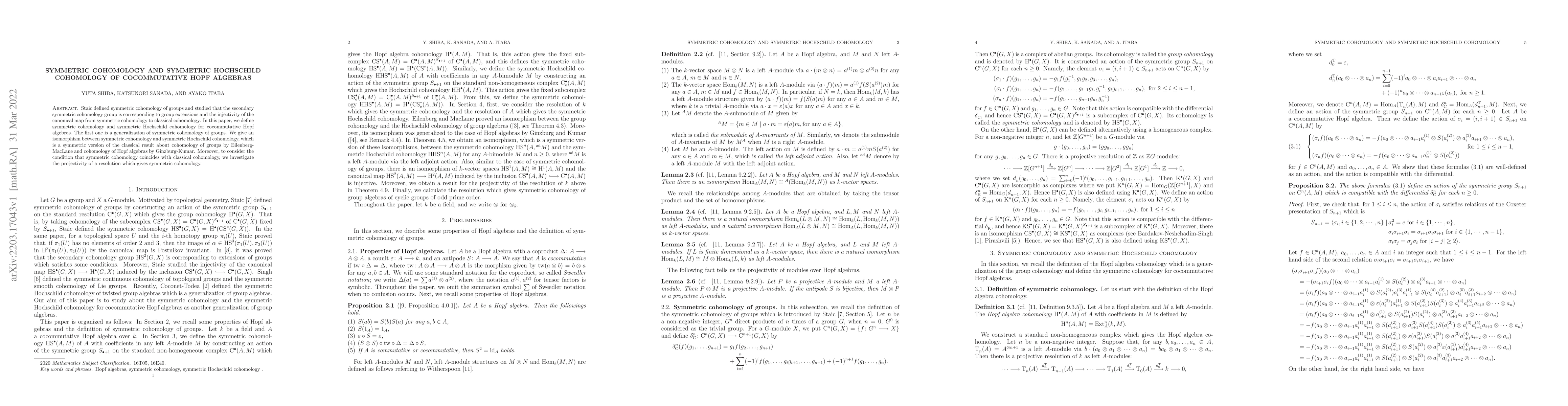 Thumbnail for Symmetric cohomology and symmetric Hochschild cohomology of
  cocommutative Hopf algebras