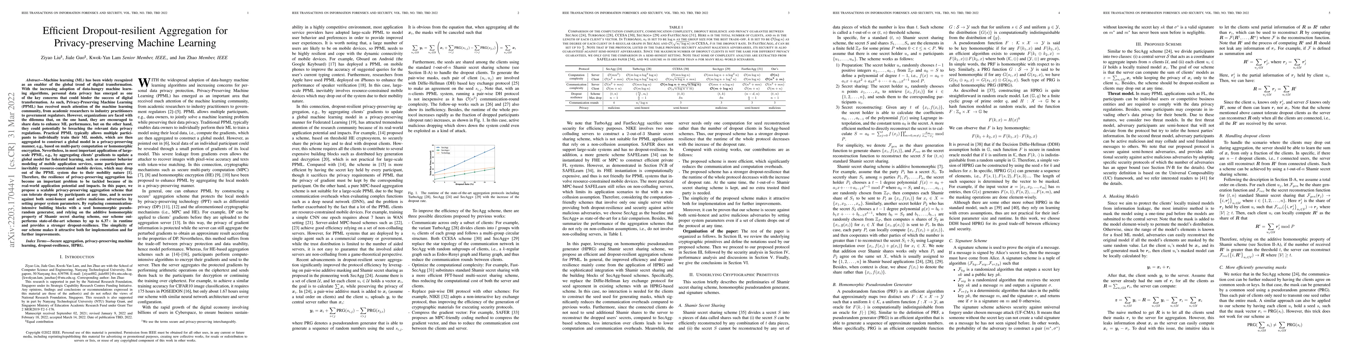 Thumbnail for Efficient Dropout-resilient Aggregation for Privacy-preserving Machine
  Learning