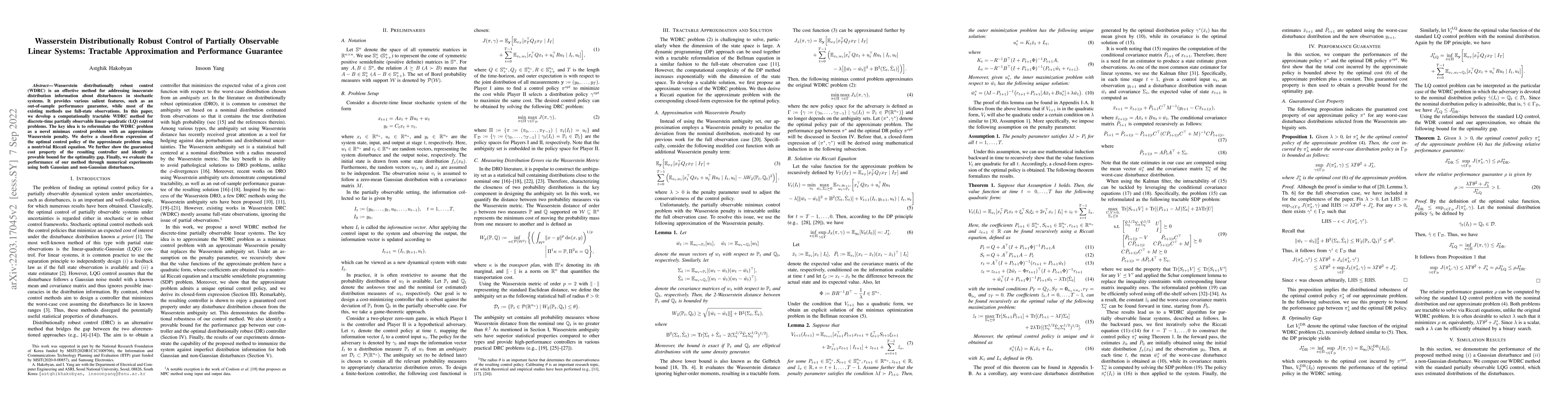 Thumbnail for Wasserstein Distributionally Robust Control of Partially Observable
  Linear Systems: Tractable Approximation and Performance Guarantee