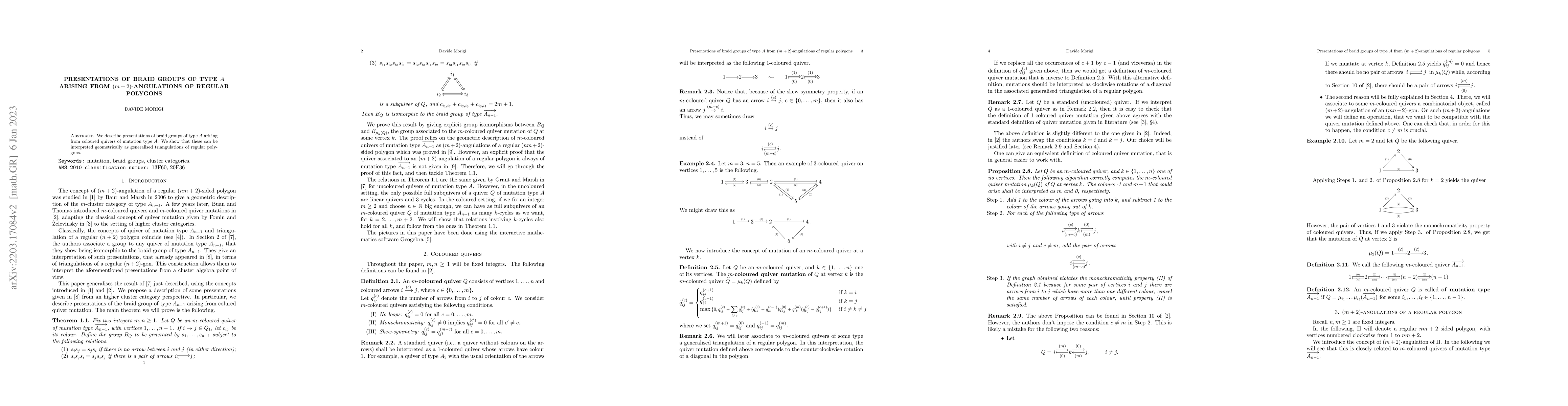 Thumbnail for Presentations of braid groups of type $A$ arising from
  $(m+2)$-angulations of regular polygons