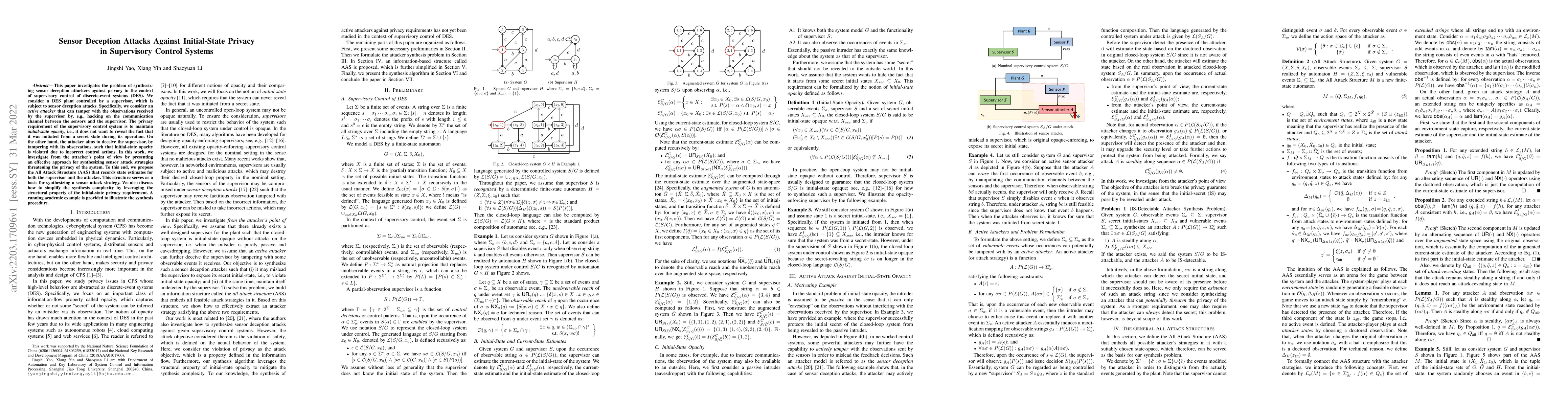Thumbnail for Sensor Deception Attacks Against Initial-State Privacy in Supervisory
  Control Systems