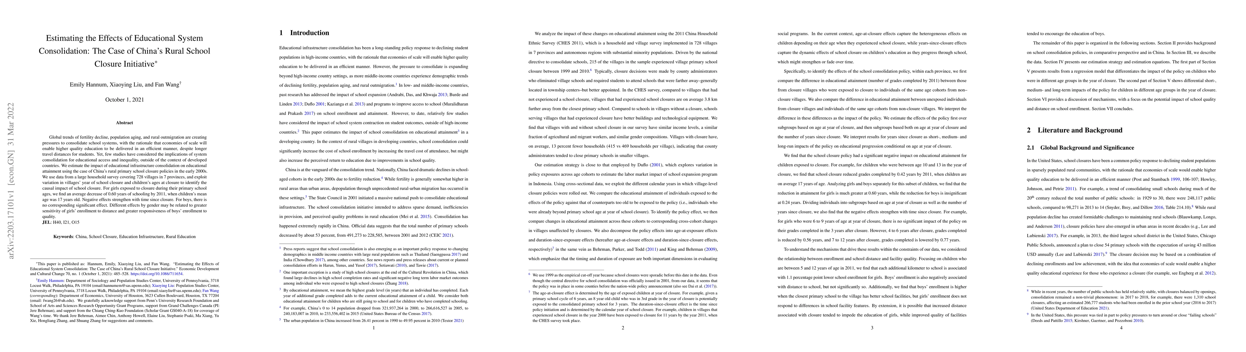 Thumbnail for Estimating the Effects of Educational System Consolidation: The Case of
  China's Rural School Closure Initiative
