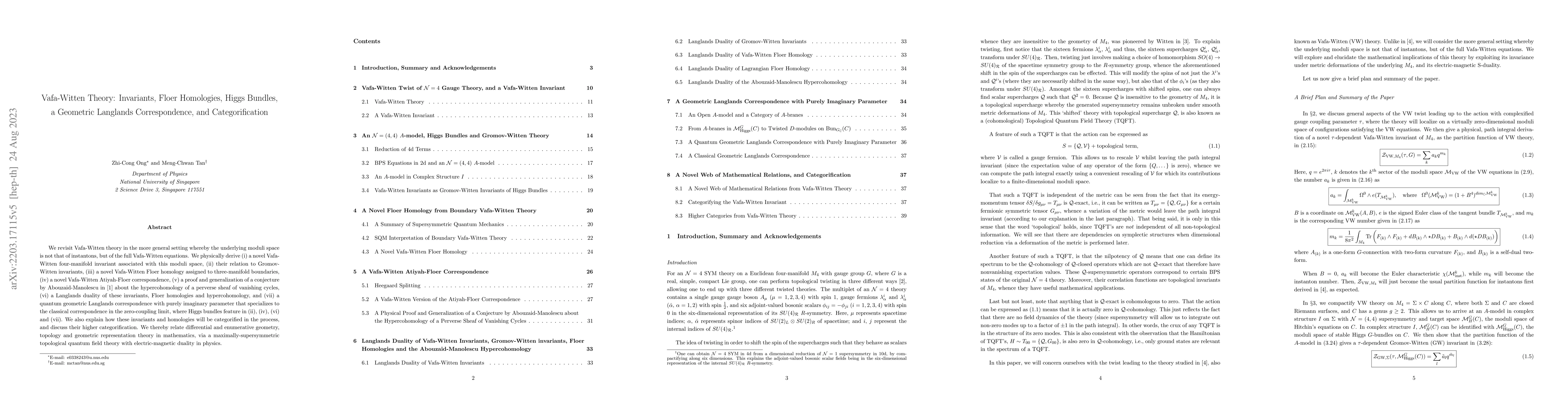 Thumbnail for Vafa-Witten Theory: Invariants, Floer Homologies, Higgs Bundles, a
  Geometric Langlands Correspondence, and Categorification
