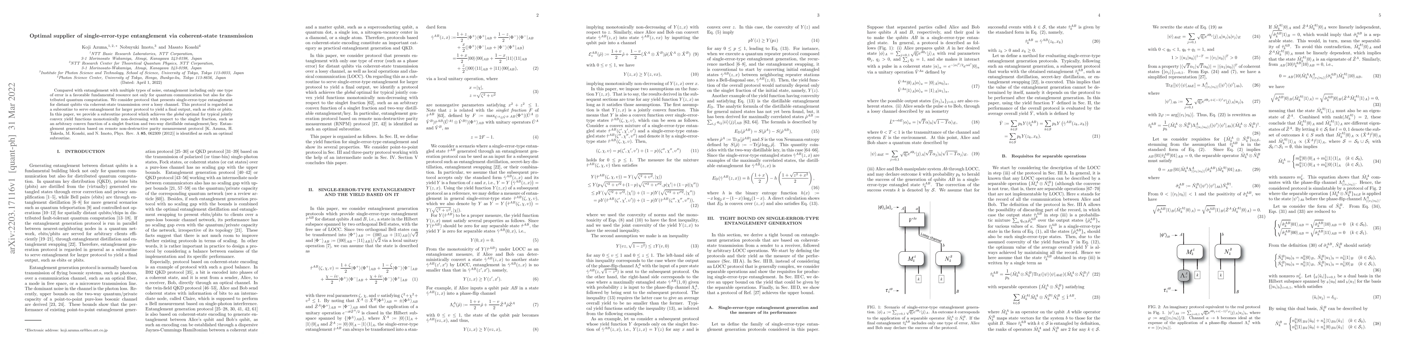 Thumbnail for Optimal supplier of single-error-type entanglement via coherent-state
  transmission