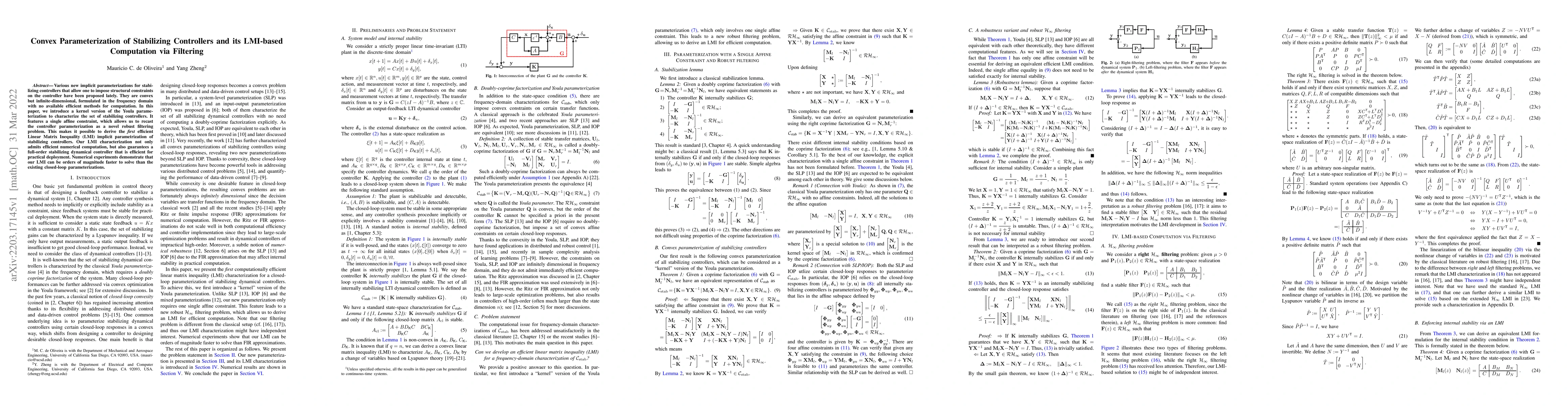 Thumbnail for Convex Parameterization of Stabilizing Controllers and its LMI-based
  Computation via Filtering