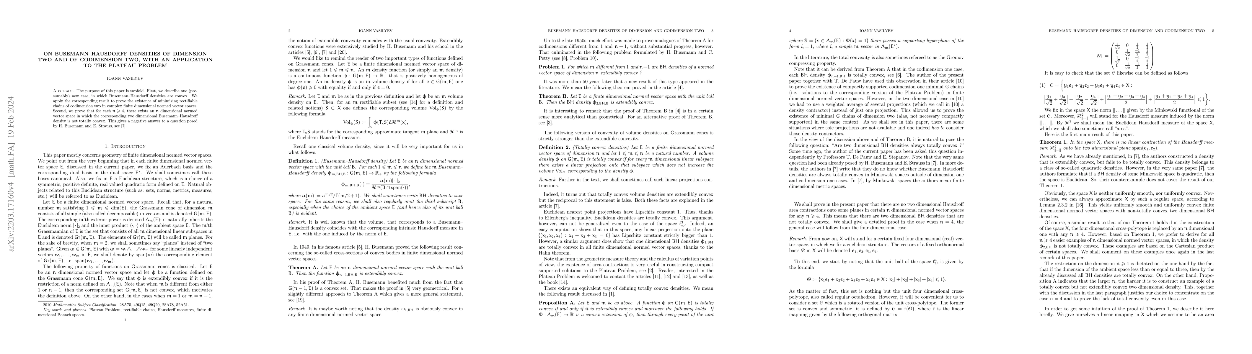 Thumbnail for On Busemann--Hausdorff densities of dimension two and of codimension
  two, with an application to Plateau Problem