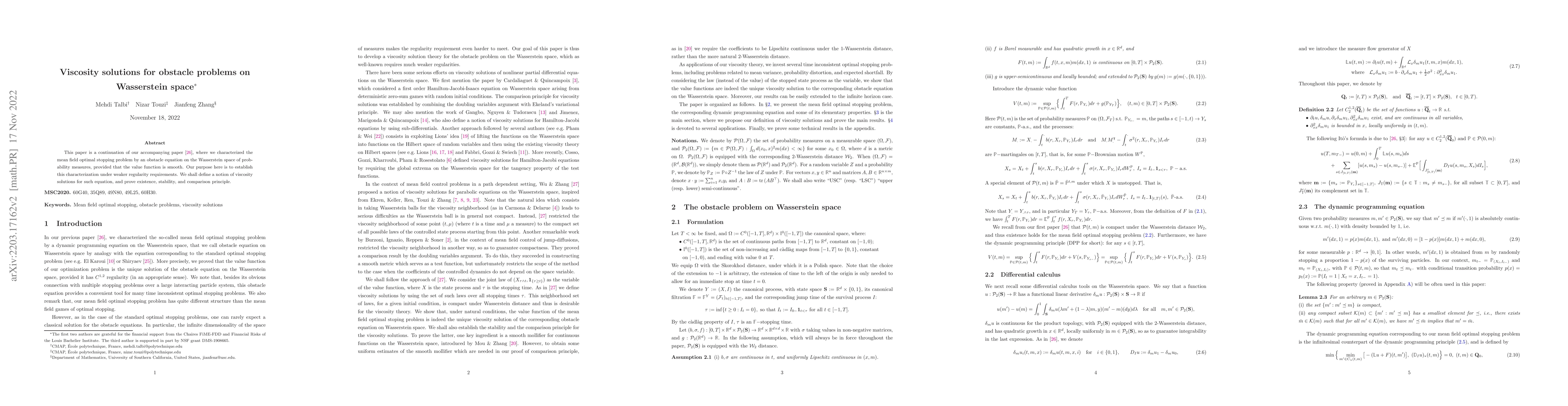 Thumbnail for Viscosity solutions for obstacle problems on Wasserstein space