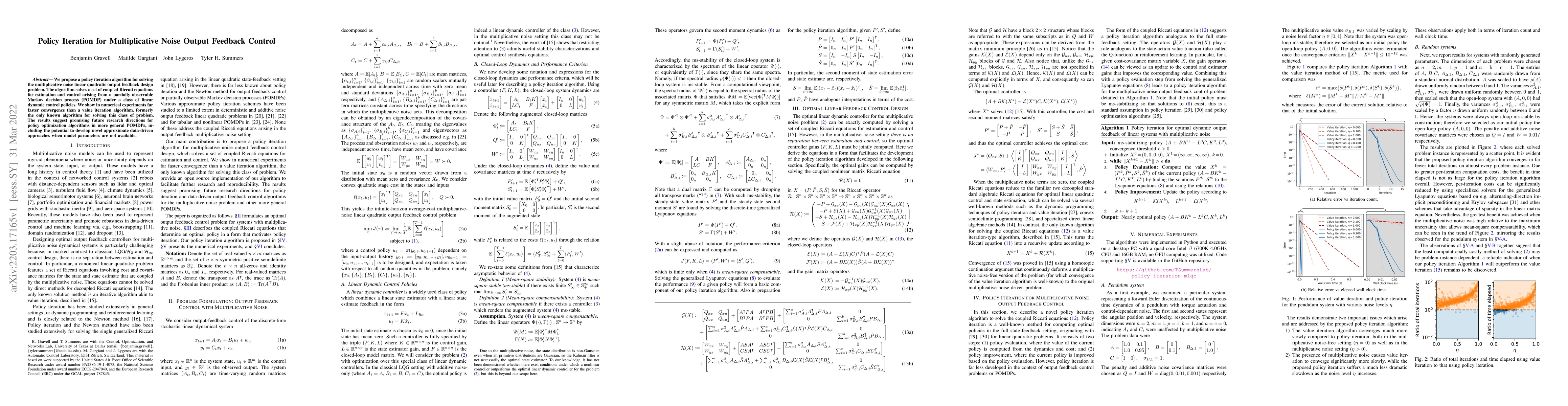 Thumbnail for Policy Iteration for Multiplicative Noise Output Feedback Control