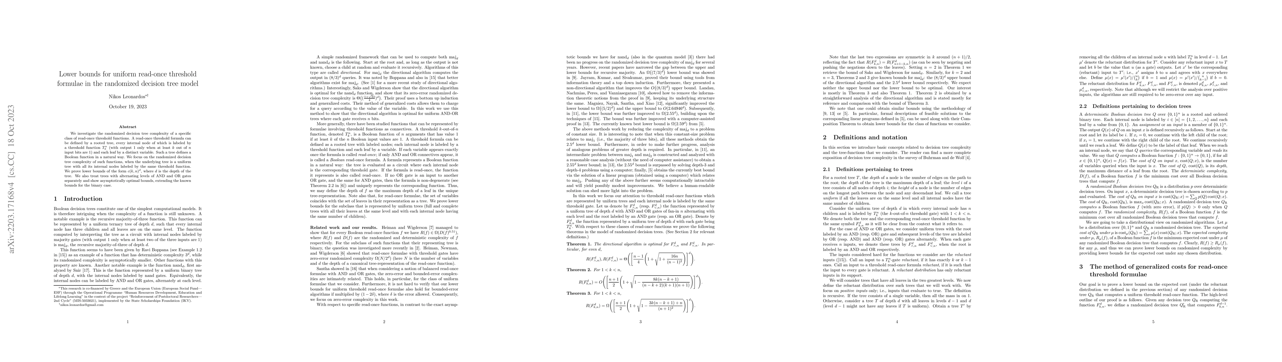 Thumbnail for Lower bounds for uniform read-once threshold formulae in the randomized
  decision tree model