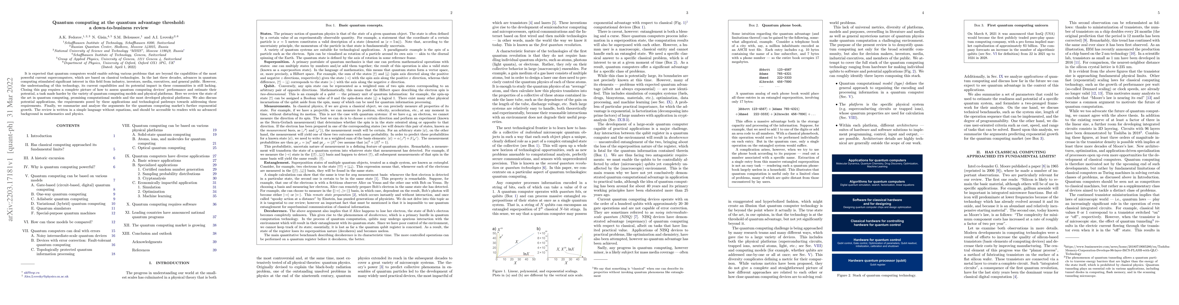 Thumbnail for Quantum computing at the quantum advantage threshold: a down-to-business
  review
