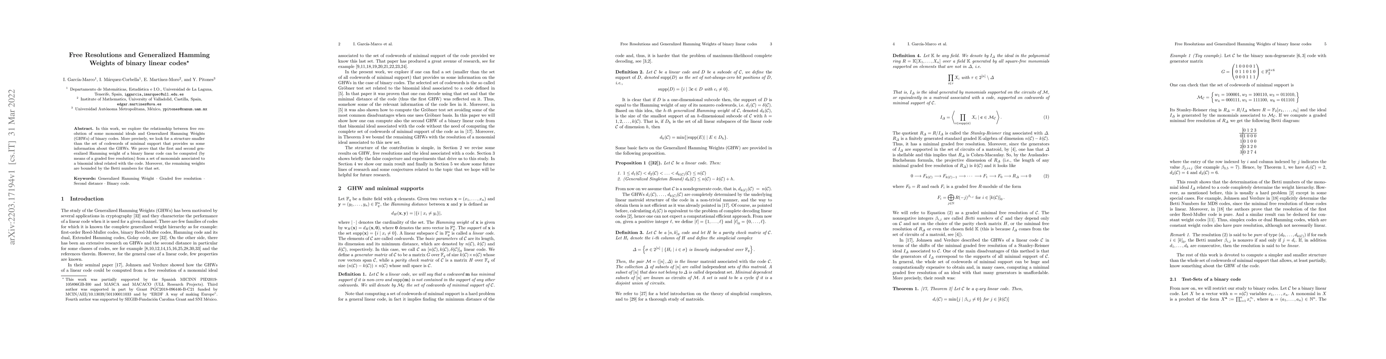 Thumbnail for Free Resolutions and Generalized Hamming Weights of binary linear codes