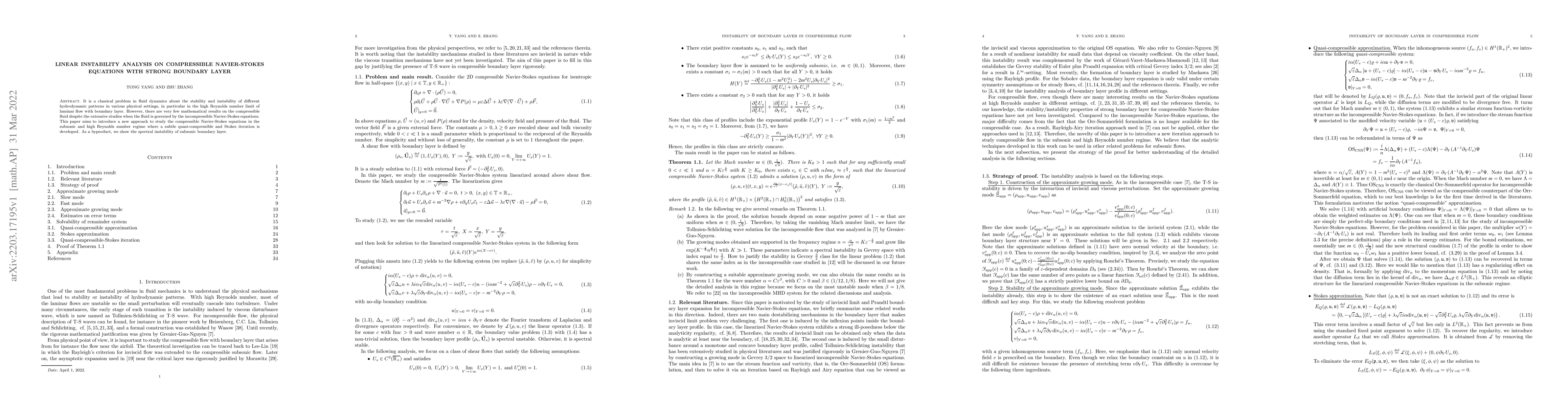 Thumbnail for Linear instability analysis on compressible Navier-Stokes equations with
  strong boundary layer