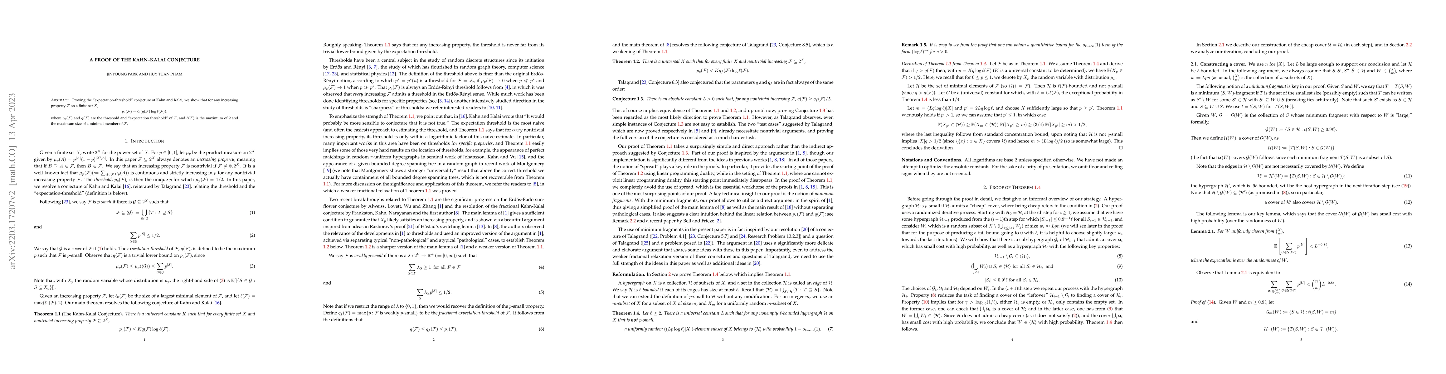 Thumbnail for A Proof of the Kahn-Kalai Conjecture