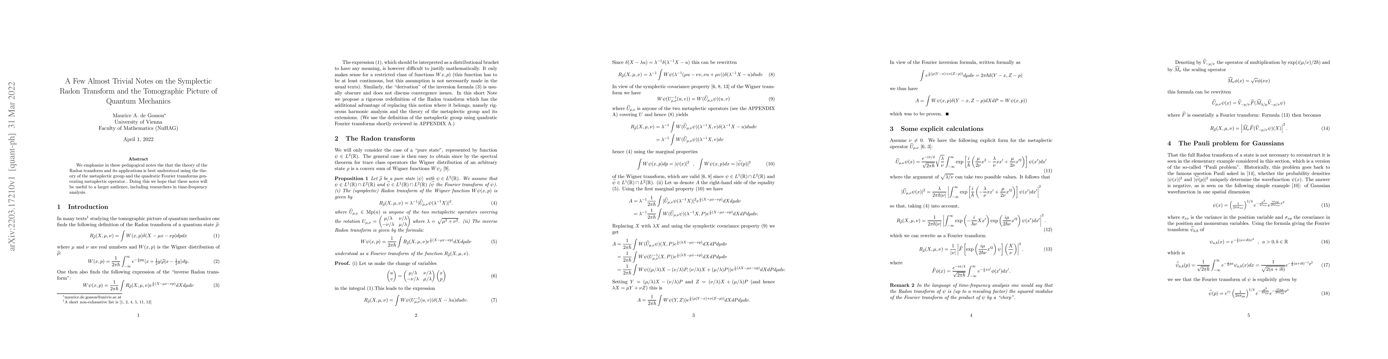 Thumbnail for A Few Almost Trivial Notes on the Symplectic Radon Transform and the
  Tomographic Picture of Quantum Mechanics