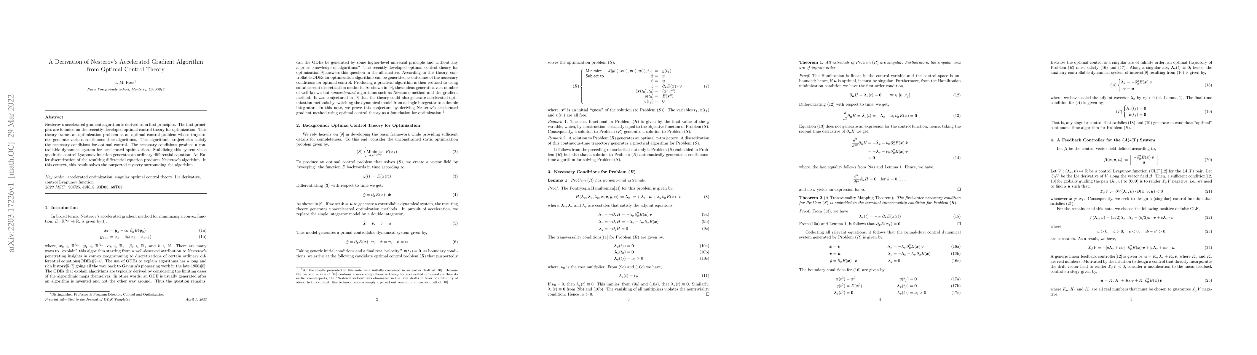 Thumbnail for A Derivation of Nesterov's Accelerated Gradient Algorithm from Optimal
  Control Theory