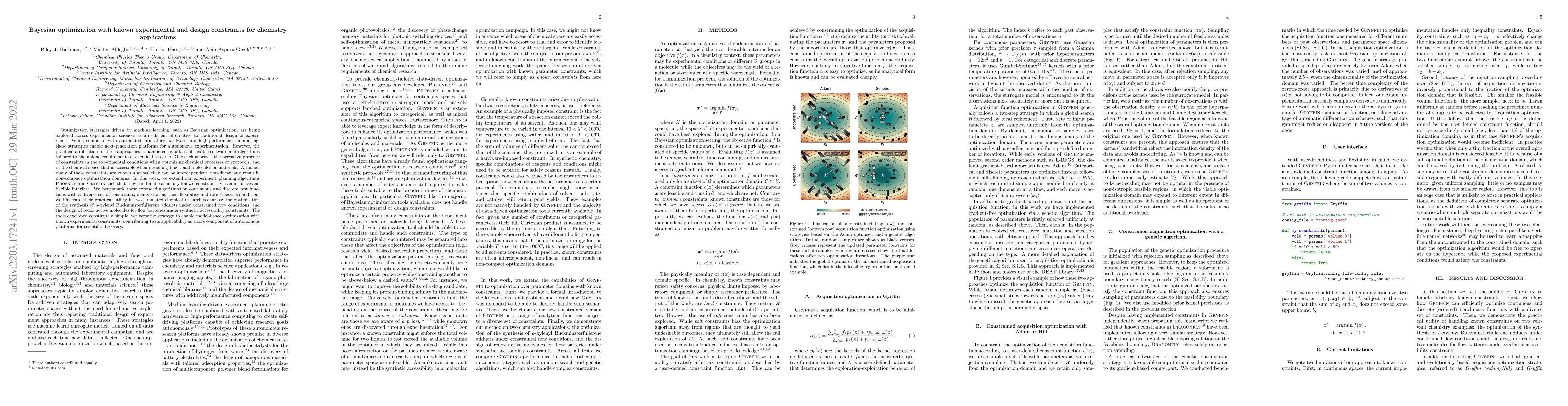 Thumbnail for Bayesian optimization with known experimental and design constraints for
  chemistry applications