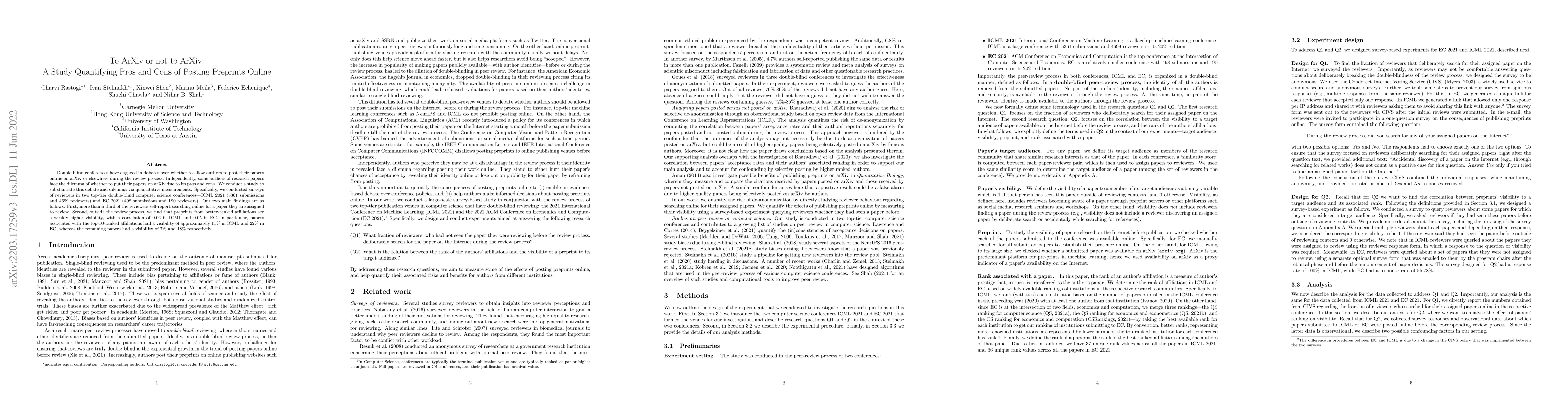 Thumbnail for To ArXiv or not to ArXiv: A Study Quantifying Pros and Cons of Posting
  Preprints Online