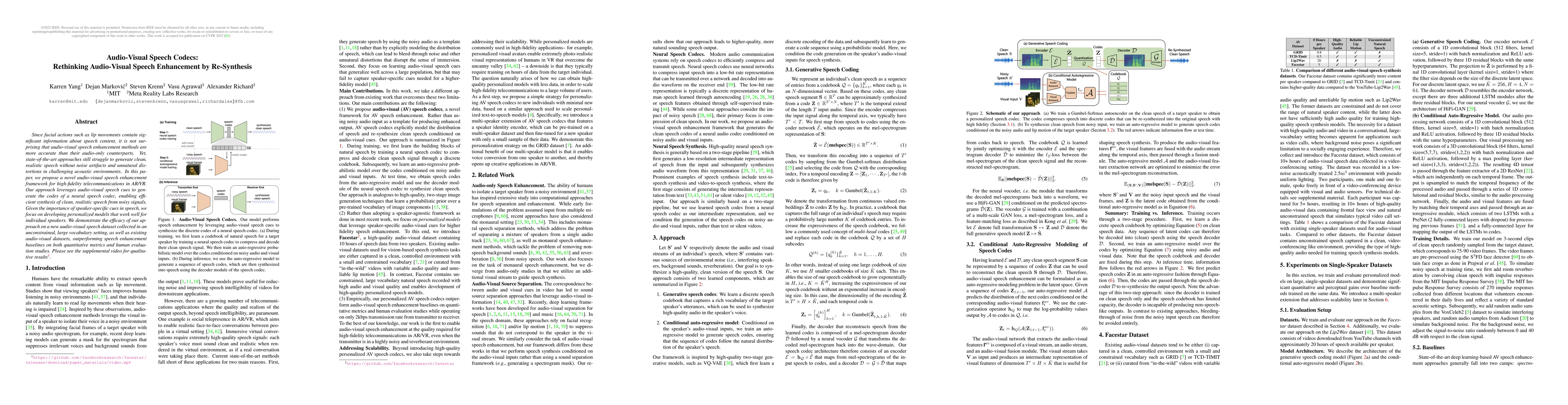 Thumbnail for Audio-Visual Speech Codecs: Rethinking Audio-Visual Speech Enhancement
  by Re-Synthesis