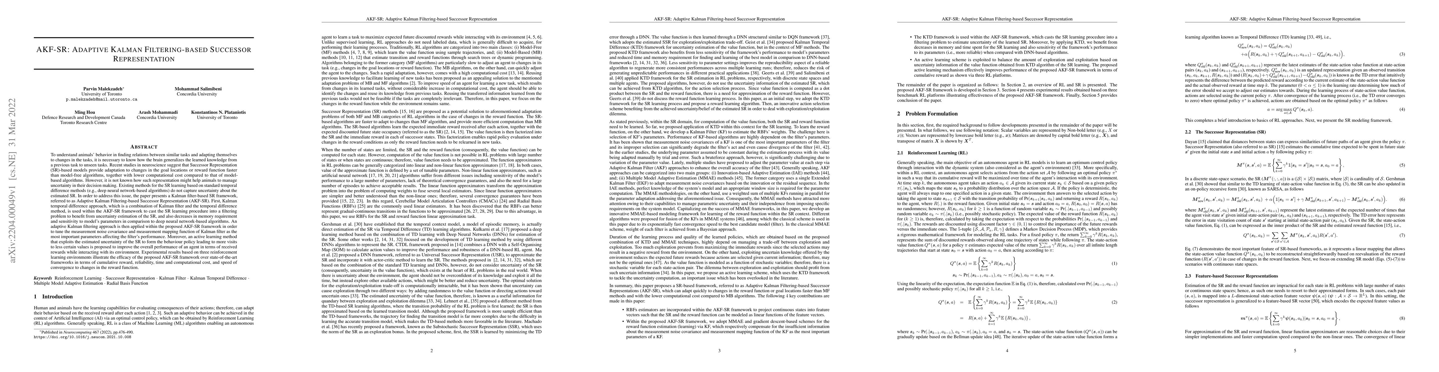 Thumbnail for AKF-SR: Adaptive Kalman Filtering-based Successor Representation