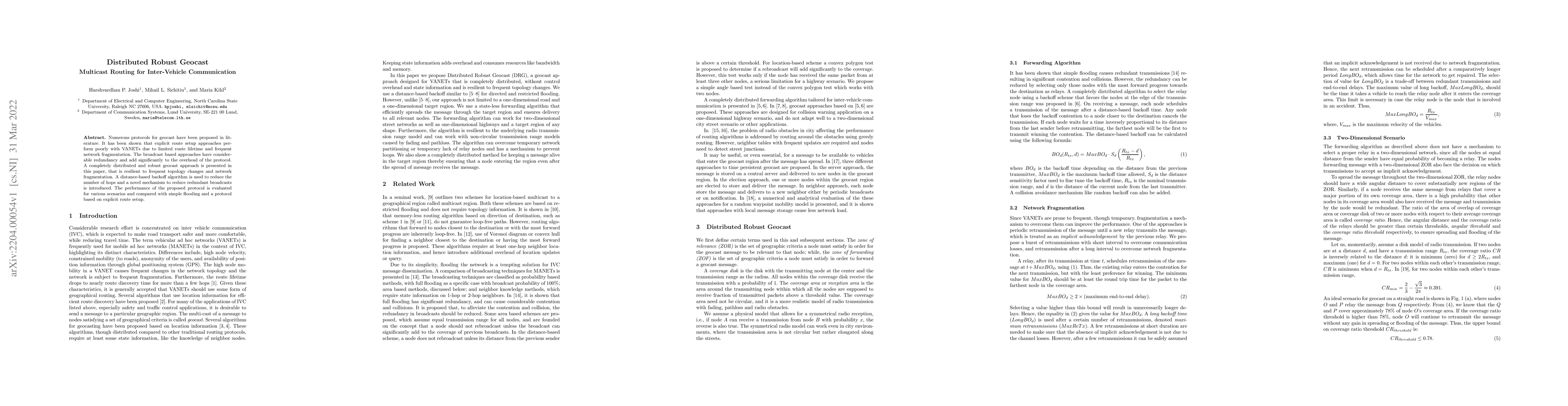 Thumbnail for Distributed Robust Geocast Multicast Routing for Inter-Vehicle
  Communication
