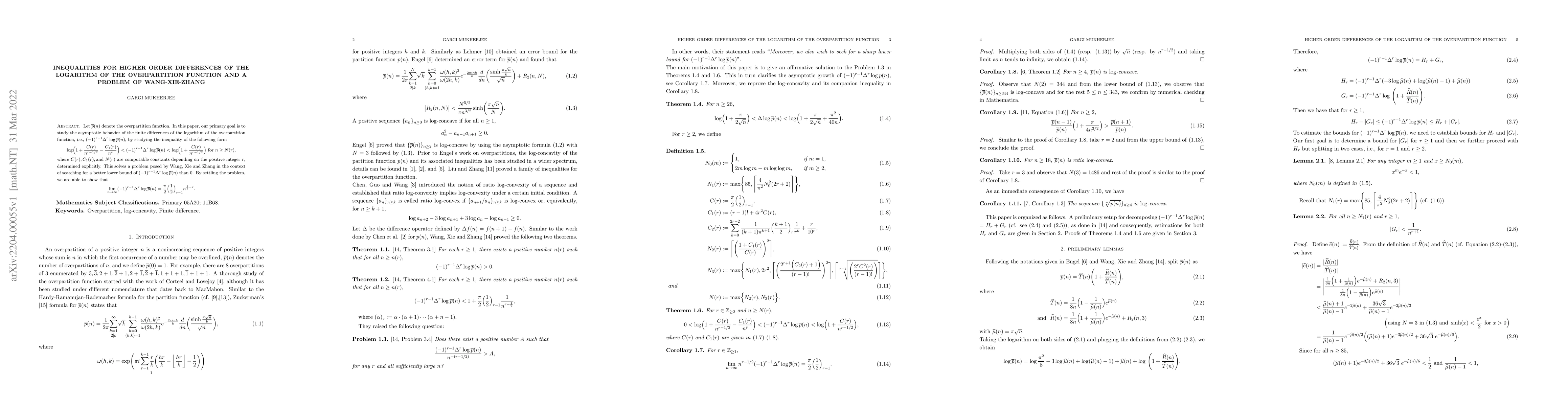 Thumbnail for Inequalities for higher order differences of the logarithm of the
  overpartition function and a problem of Wang-Xie-Zhang