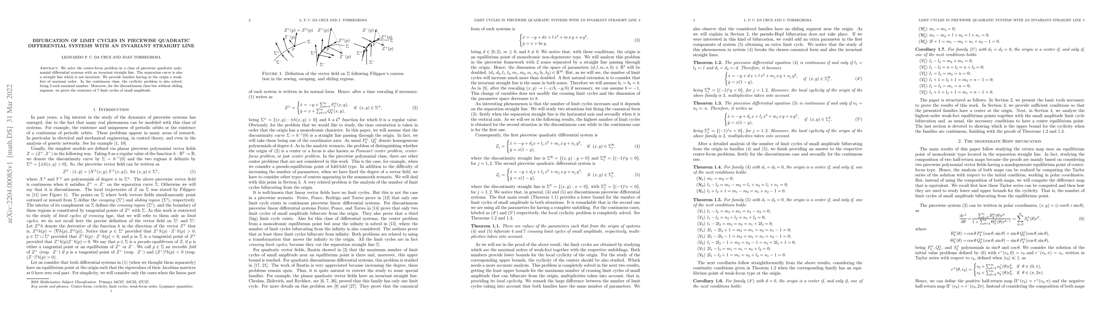 Thumbnail for Bifurcation of limit cycles in piecewise quadratic differential systems
  with an invariant straight line