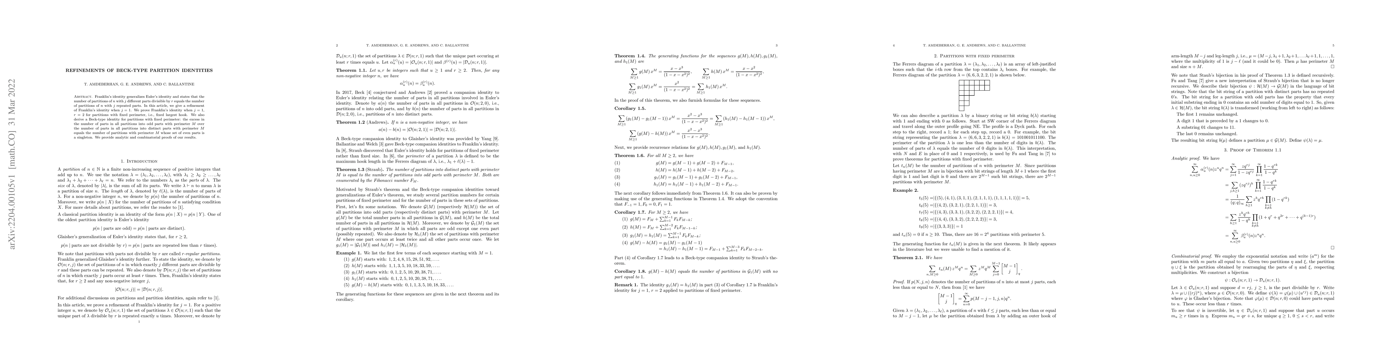 Thumbnail for Refinements of Beck-type partition identities
